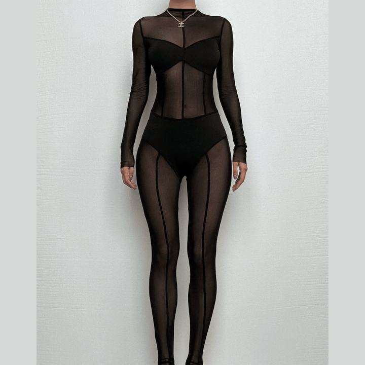 Mesh patchwork zip-up solid long sleeve jumpsuit  | Festival Outfits Women