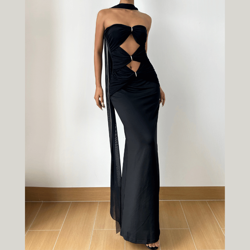Hollow out ruched backless tube cut out maxi dress  | Festival Outfits Women-final-sale