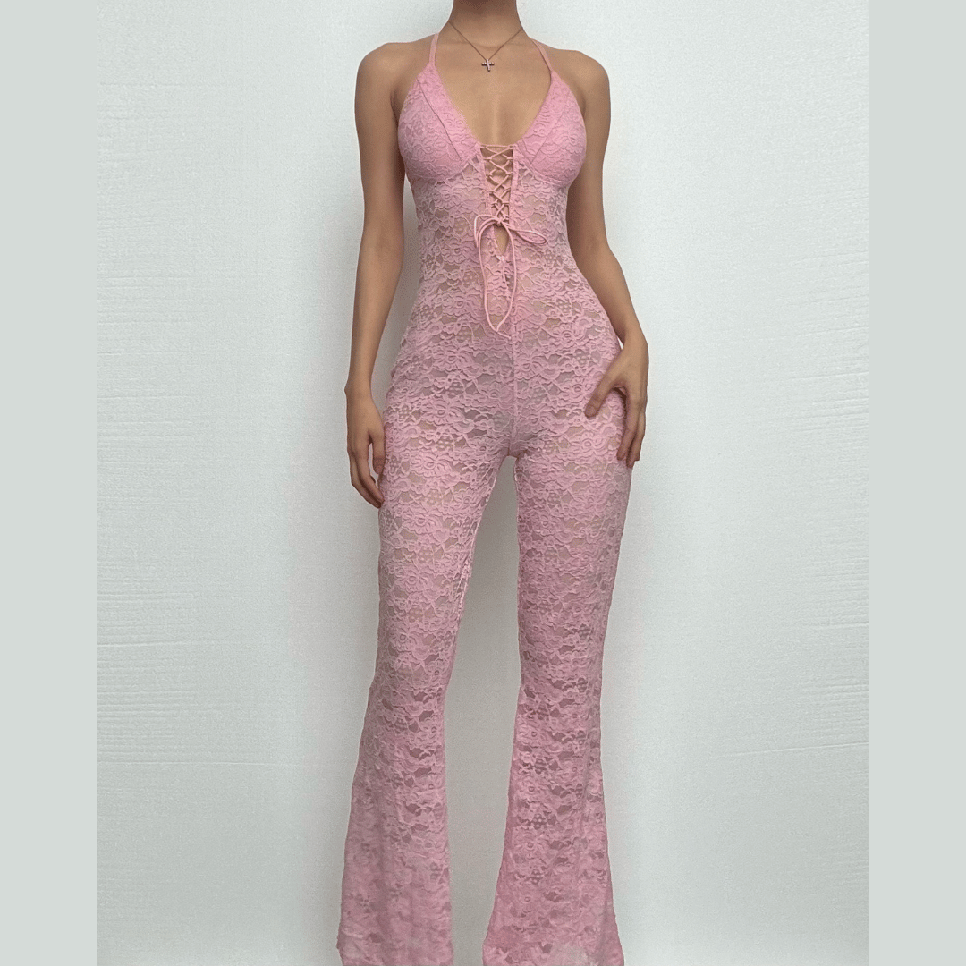 Halter lace lace up see through jumpsuit  | Festival Outfits Women