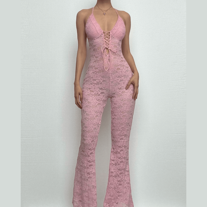 Halter lace lace up see through jumpsuit  | Festival Outfits Women