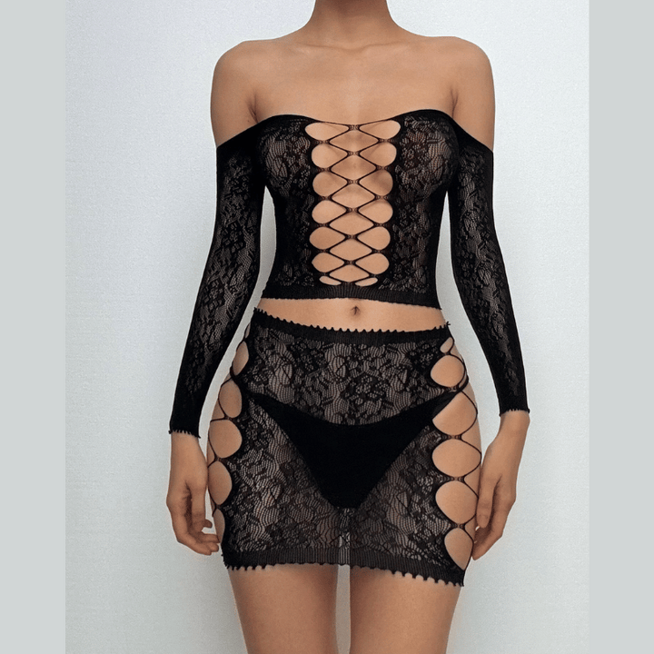 Long sleeve side hollow out sheer lace cami pant set  | Festival Outfits Women