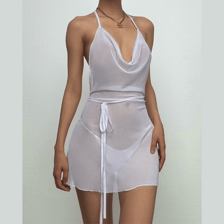 Halter cowl neck sheer mesh ruffle mini dress-final-sale