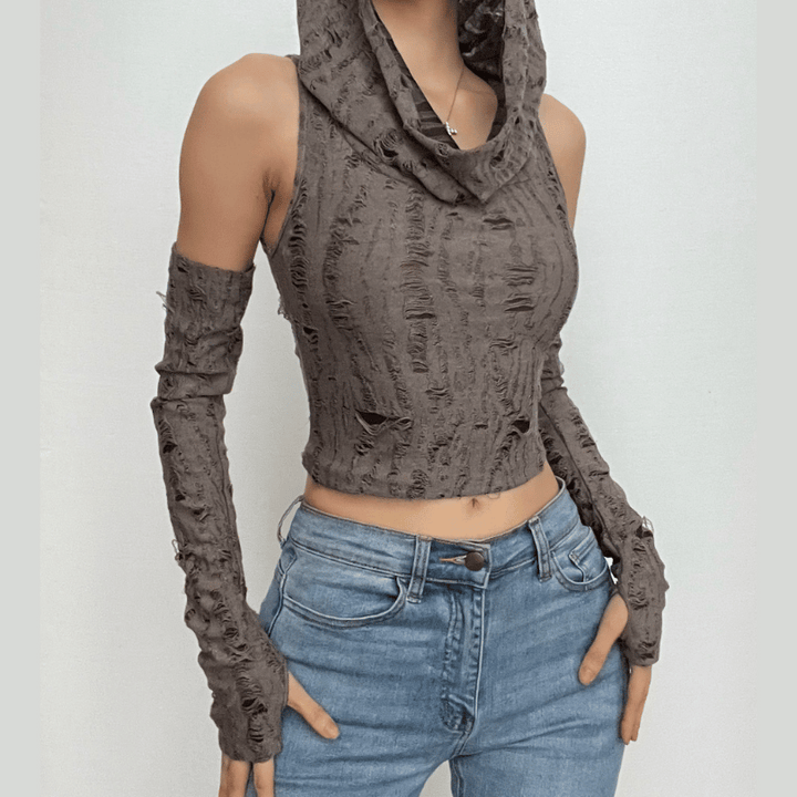Textured off shoulder hoodie gloves cowl neck crop top