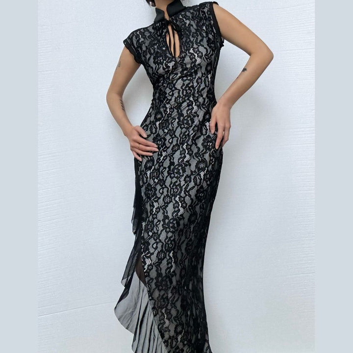 Irregular hollow out self tie zip-up lace cut out midi dress  | Festival Outfits Women