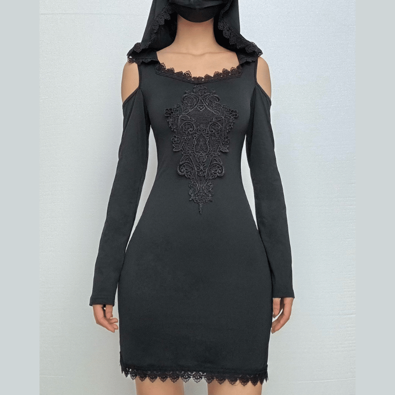 Hoodie long sleeve lace hem embroidery hollow out cut out mini dress  | Festival Outfits Women