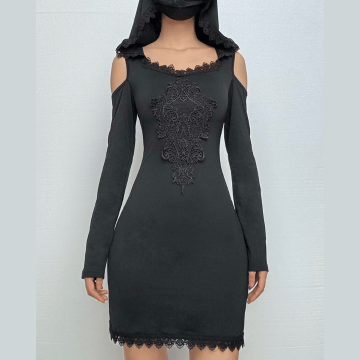 Hoodie long sleeve lace hem embroidery hollow out cut out mini dress  | Festival Outfits Women