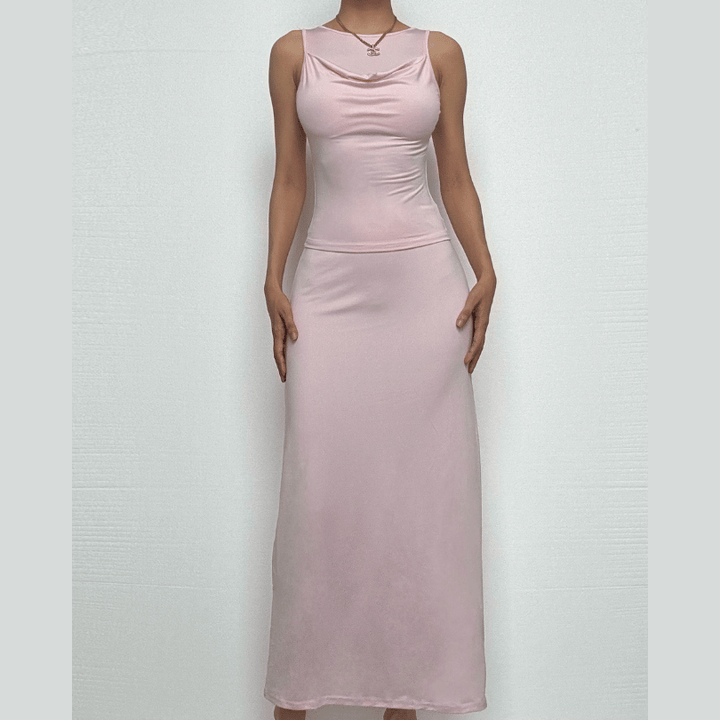 Cowl neck ruched solid tank maxi dress-final-sale  | Festival Outfits Women