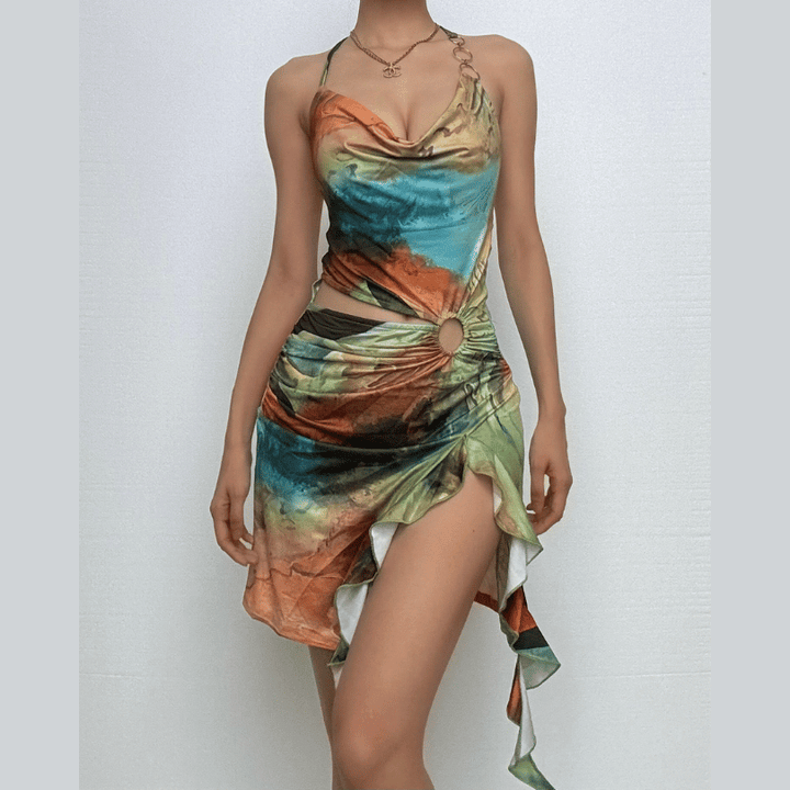 Halter print cowl neck o ring ruffle mini dress-final-sale