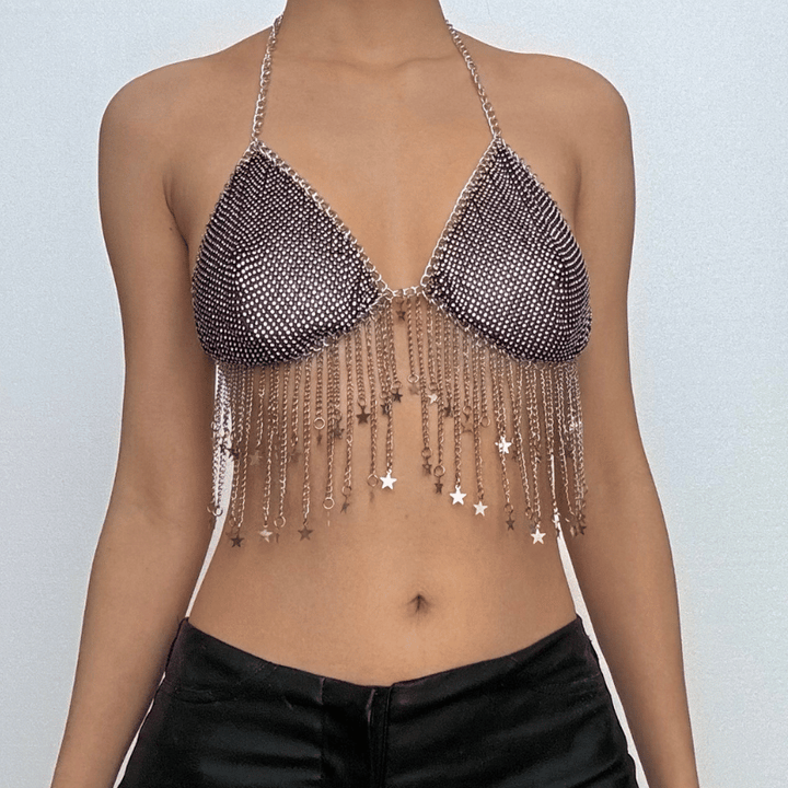 Metal chain halter beaded v neck tassels top  | Festival Outfits Women-final-sale