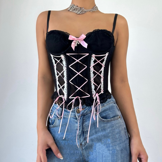 Bowknot button corset lace hem cami top  | Festival Outfits Women-final-sale