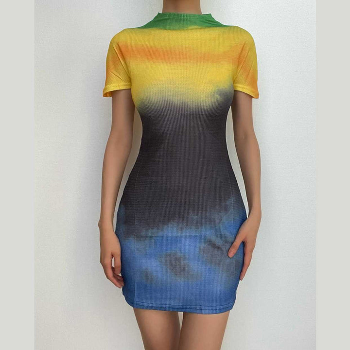 Tie dye contrast short sleeve crewneck mini dress- Final Sale-final-sale  | Festival Outfits Women