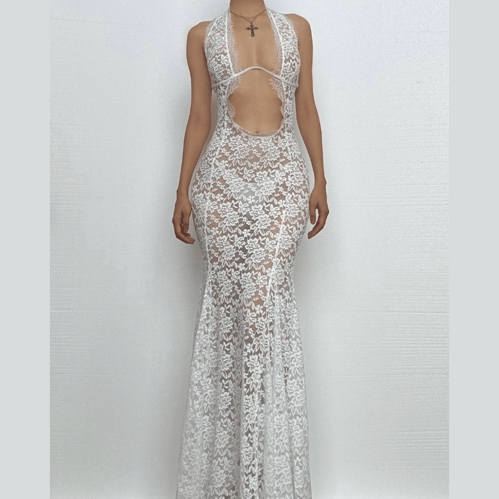 Halter lace see through hollow out cut out maxi dress  | Festival Outfits Women