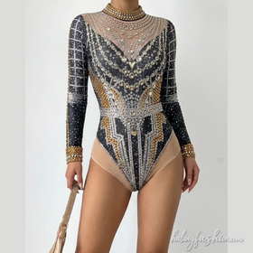 Beaded long sleeve crewneck plaid romper