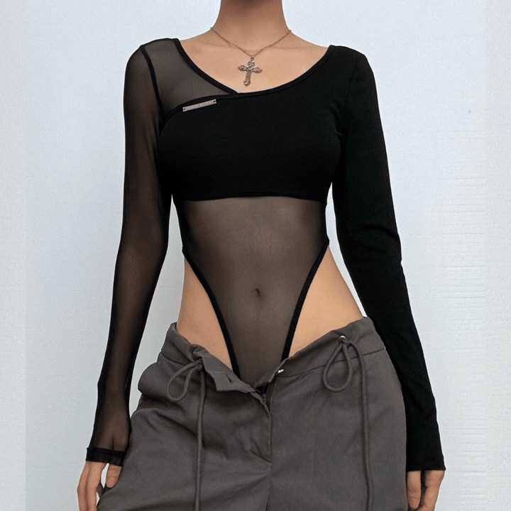 Long sleeve mesh metal tag patchwork bodysuit  | Festival Outfits Women