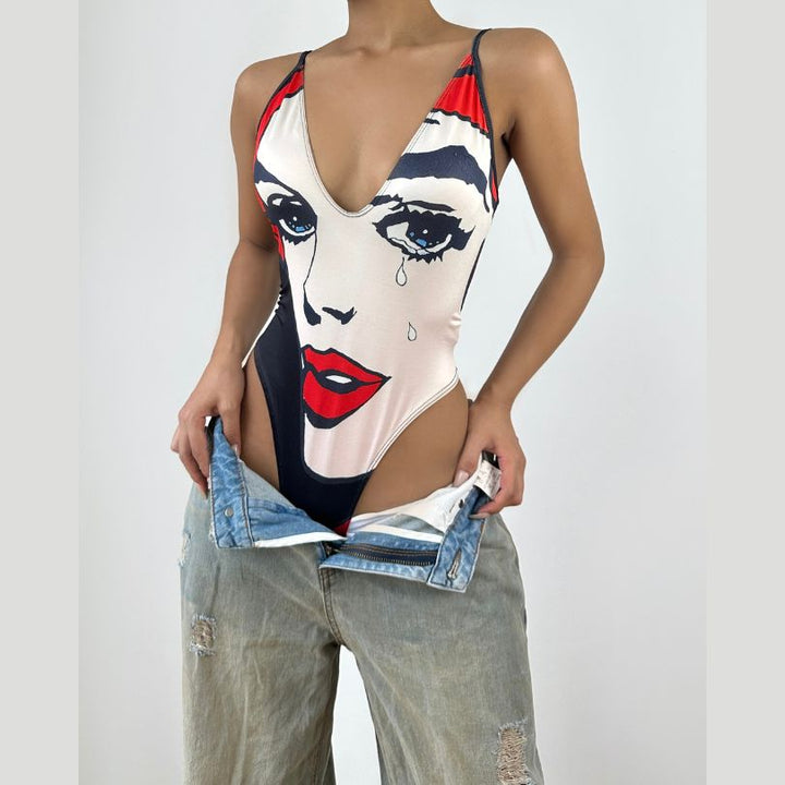 V neck portrait print button cami bodysuit  | Festival Outfits Women