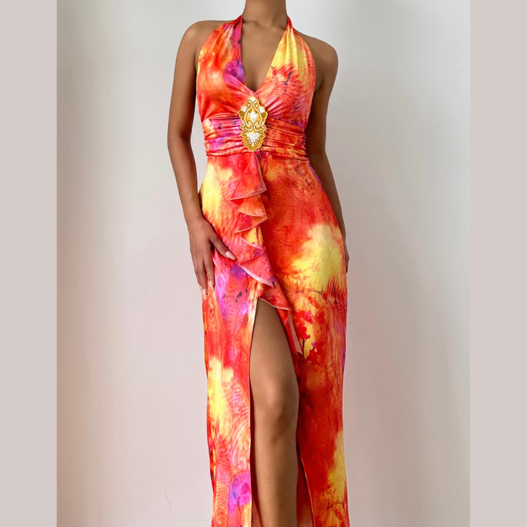 Slit halter self tie v neck print maxi dress  | Festival Outfits Women-final-sale