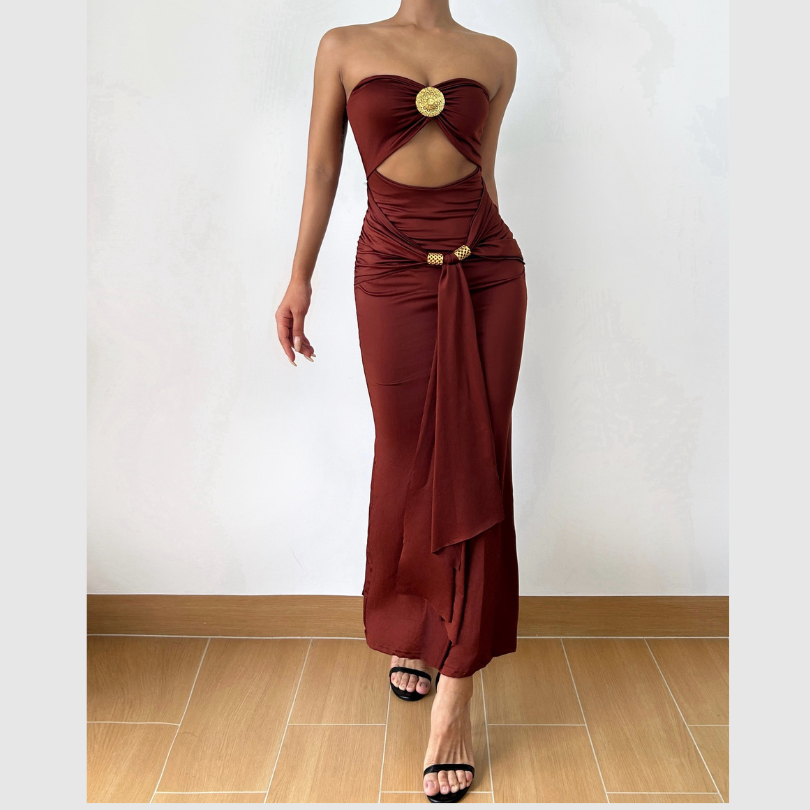 Hollow out ruched slit solid tube cut out maxi dress  | Festival Outfits Women