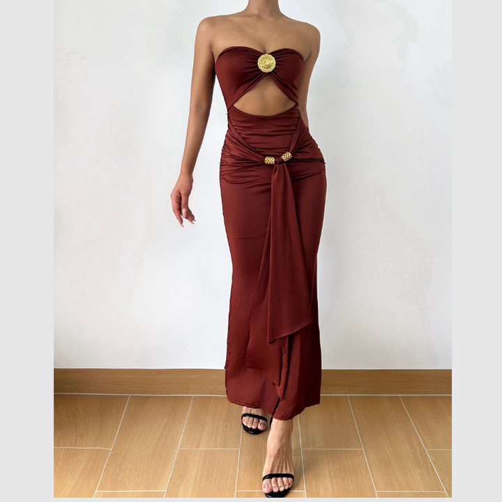 Hollow out ruched slit solid tube cut out maxi dress  | Festival Outfits Women