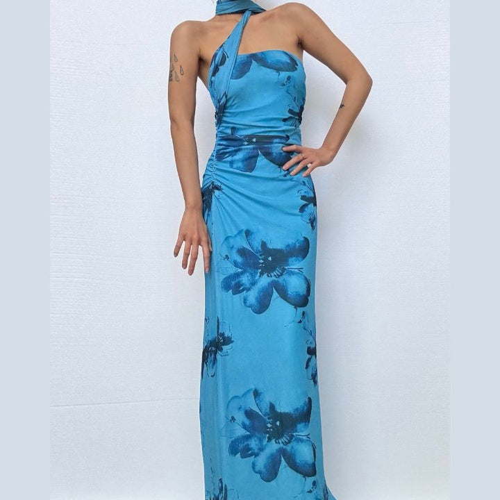 Halter ruched print irregular maxi dress  | Festival Outfits Women-final-sale