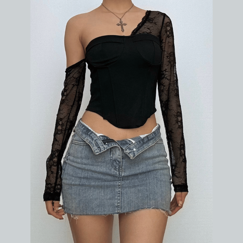 One shoulder long sleeve patchwork lace top  | Festival Outfits Women