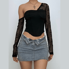 One shoulder long sleeve patchwork lace top  | Festival Outfits Women