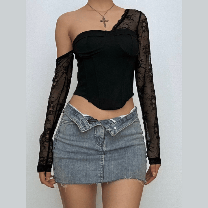 One shoulder long sleeve patchwork lace top  | Festival Outfits Women