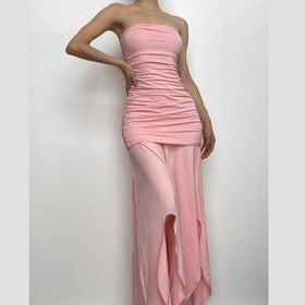 Ruched solid slit irregular backless tube maxi dress-final-sale  | Festival Outfits Women