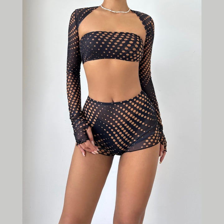 Polka dot long sleeve mesh 3 piece short pant set  | Festival Outfits Women