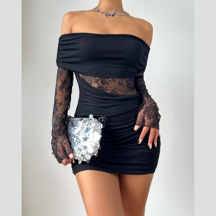 Off shoulder long sleeve lace ruched mini dress  | Festival Outfits Women