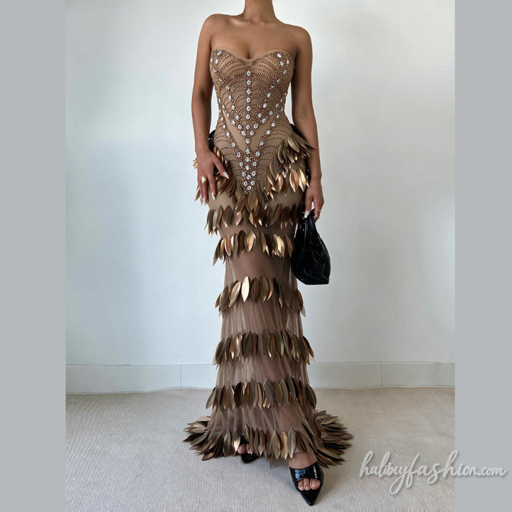 Beaded leaf applique backless tube maxi dress