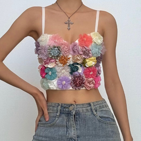 Flower applique v neck button contrast cami top  | Festival Outfits Women