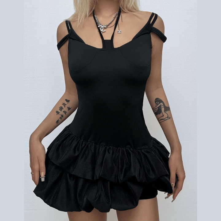 Halter self tie hollow out ruched solid cut out mini dress  | Festival Outfits Women-final-sale