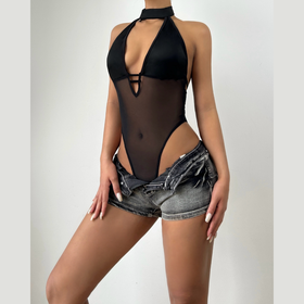 Button halter hollow out mesh v neck bodysuit  | Festival Outfits Women