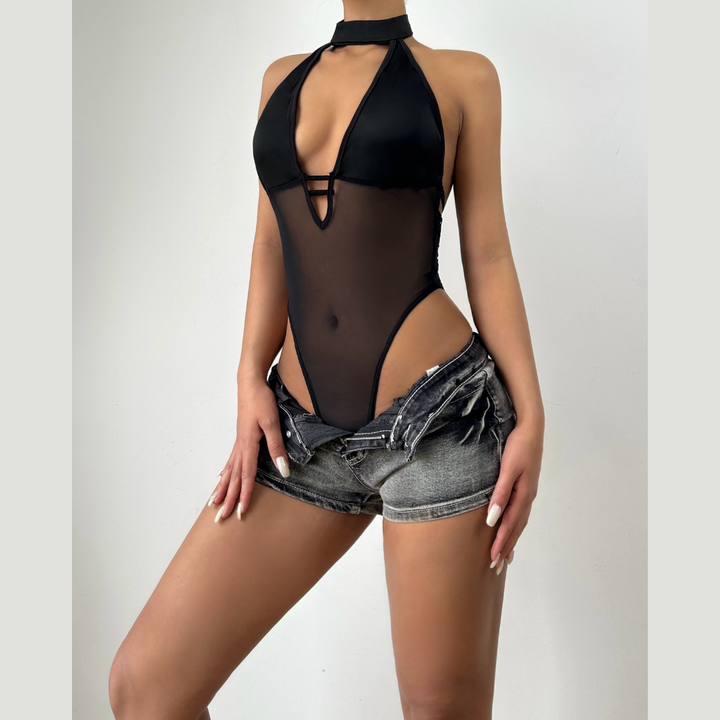 Button halter hollow out mesh v neck bodysuit  | Festival Outfits Women-final-sale