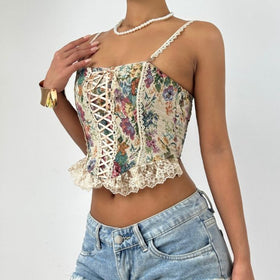 Lace up smocked lace hem flower pattern cami top  | Festival Outfits Women