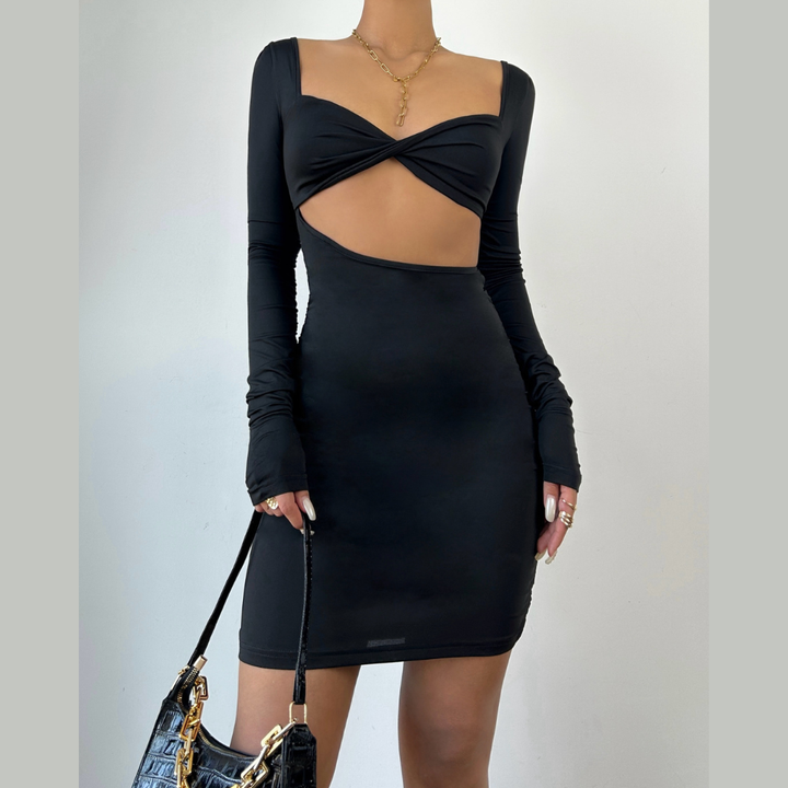 Long sleeve hollow out v neck ruched cut out mini dress  | Festival Outfits Women