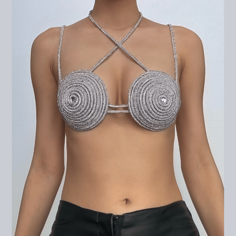 Halter beaded metal chain contrast bra top  | Festival Outfits Women