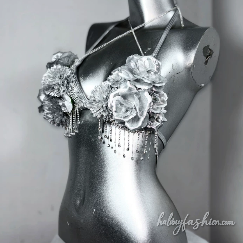 Metallic flower applique metal chain halter self tie top
