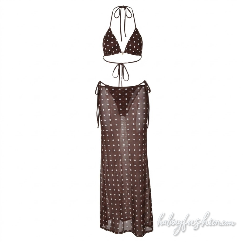 Polka dot halter self tie mesh maxi skirt set