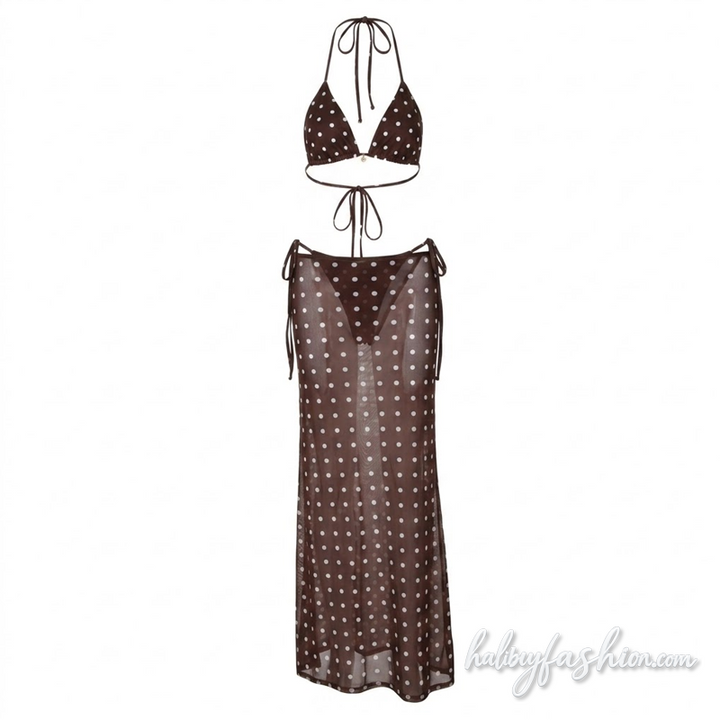 Polka dot halter self tie mesh maxi skirt set