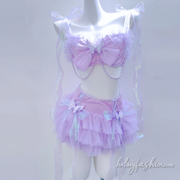 Beaded bowknot self tie ruched cami mini skirt set