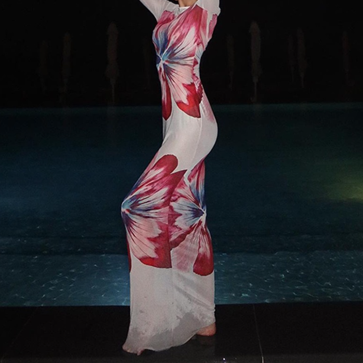 Long sleeve crewneck mesh flower print maxi dress  | Festival Outfits Women