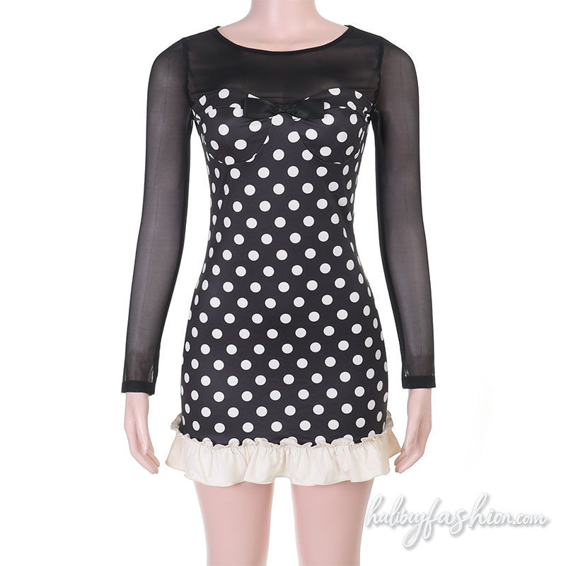 Long sleeve mesh polka dot crewneck ruffle mini dress - Halibuy - 2