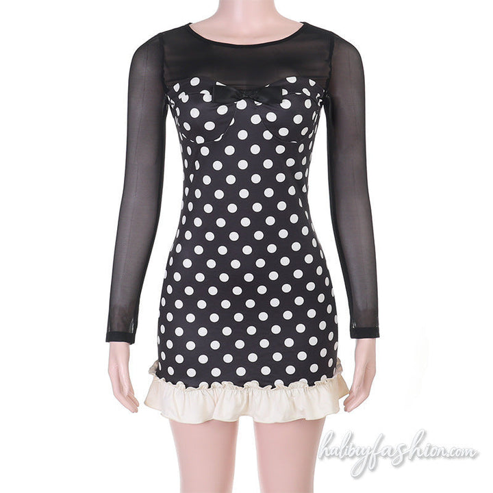 Long sleeve mesh polka dot crewneck ruffle mini dress - Halibuy - 2
