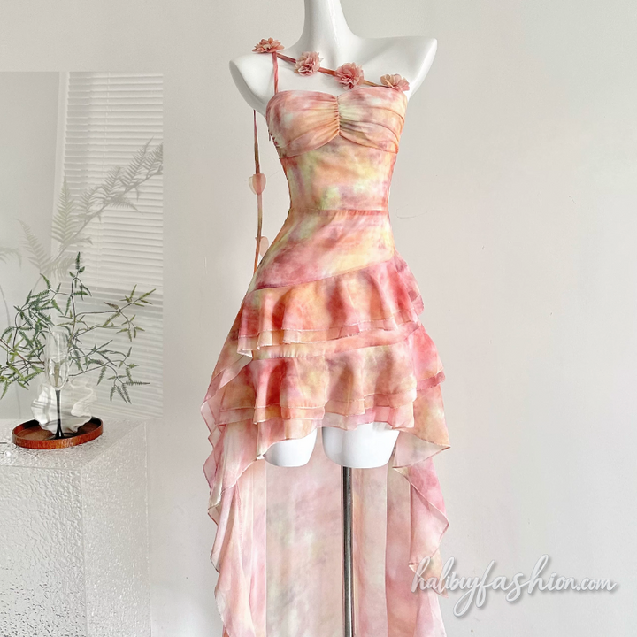 Irregular ruffle flower applique one shoulder midi dress - Halibuy - 3