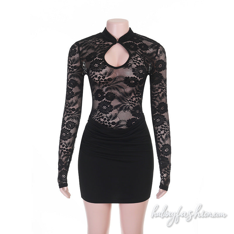 Ruched long sleeve lace hollow out solid mini dress - Halibuy - 2