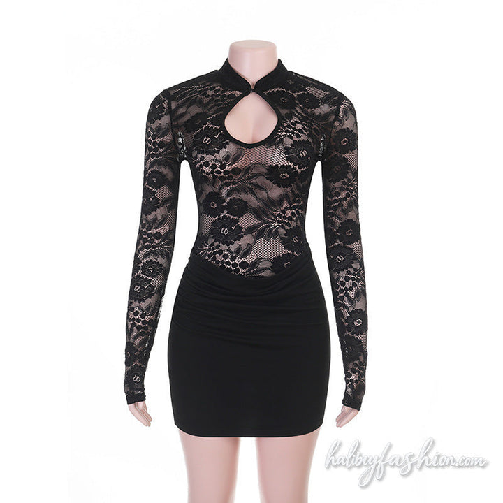 Ruched long sleeve lace hollow out solid mini dress - Halibuy - 2