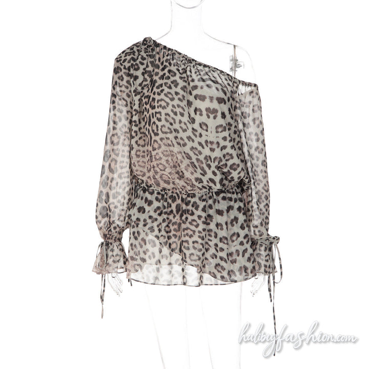 Leopard print long sleeve one shoulder chiffon mini dress - Halibuy - 2