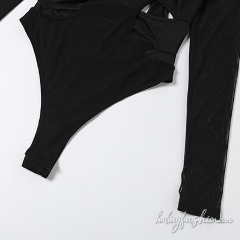 Long sleeve gloves hollow out mesh crewneck bodysuit