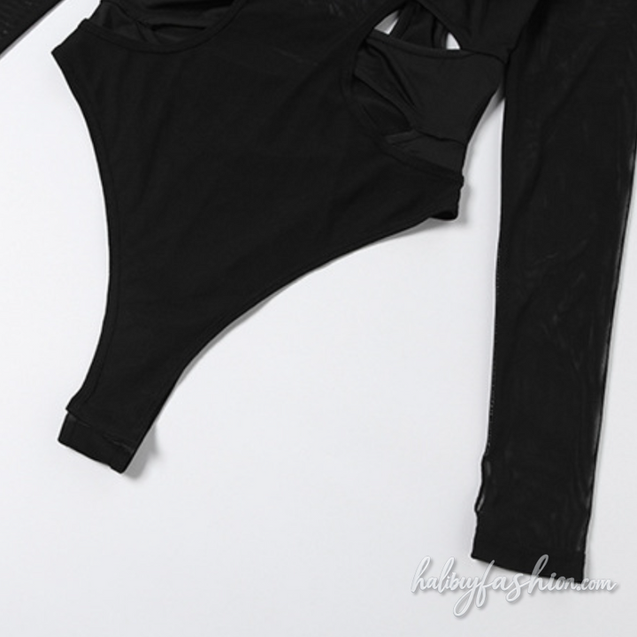 Long sleeve gloves hollow out mesh crewneck bodysuit